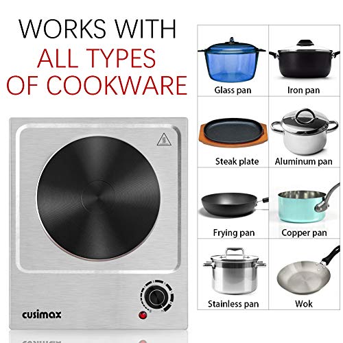 CUSIMAX 1500W Electric Hot Plate, Hot Plate for Cooking Electric Single Burner CUSIMAX 1500W Electrical Sizzling Plate, Sizzling Plate for Cooking Electrical Single Burner, Transportable Countertop Burner Stainless Metal, Straightforward to Clear,CMHP-C150N.
