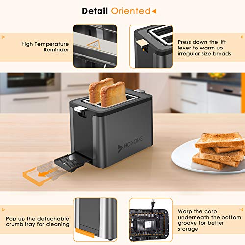 2 Slice Toaster, Hosome Stainless Steel Bread Toaster with 6 Browning Settings 2 Slice Toaster, Hosome Stainless Steel Bread Toaster with 6 Browning Settings, Extra Wide Slot Toaster with Warming Rack,LED Display,Bagel/Defrost/Reheat/Cancel Function,800W, Ash Black.