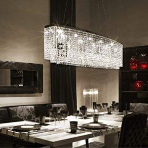 7PM L37.4" x W8" x H16" Modern Contemporary Luxury Linear Oval Island K9 Clear Crystal Bar Raindrop Chandelier Lighting LED Ceiling Light Fixture Pendant for Dining Room Bedroom Livingroom Over Table