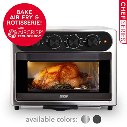Dash Chef Series 7 in 1 Convection Toaster Oven Cooker, Rotisserie + Electric Air Fryer with Non-stick Fry Basket, Baking Pan & Rack, Skewers, Drip Tray & Recipe Book, 23L, Stainless Steel