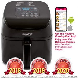 NUWAVE BRIO 4.5-Quart Digital Air Fryer includes Nuwave Cooking Club App, one-touch digital controls, 6 easy presets, precise temperature control, recipe book, wattage control, and advanced functions like PREHEAT, REHEAT more