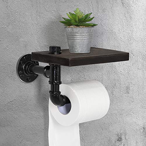 HAITRAL Pipe Toilet Paper Holder - Wall Mounted Tissue Holder for Bathroom, Washroom with Rustic Wooden Shelf and Cast Iron Pipe