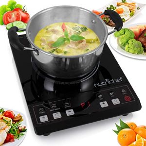 NutriChef PKST14.5 Small Appliance Countertop Burner, Infrared Cooktop, Ceramic Cookware, Electric Stovetop, Tempered Glass, LCD Display, Keep Warm, 1200W, 120V, Black/Chrome