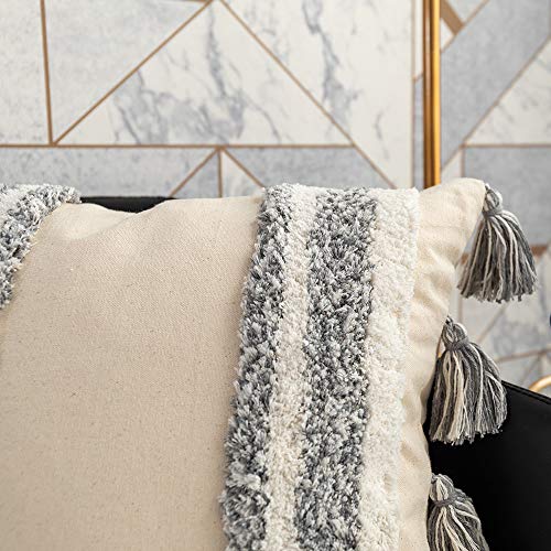 Tiffasea Decorative Throw Pillow Covers Tiffasea Decorative Throw Pillow Covers, 18x18inch Accent Cushion Cover Boho Neutral Tassels Stripe Tufted Tribal Pillow Cases Farmhouse Decor for Couch Living Room Christmas, Gray and White).