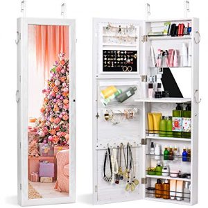 TWING Jewelry Armoire Cabinet Wall Door Mounted Jewelry Armoire with Full-Length Mirror Lockable Large Jewelry Organizer(White)