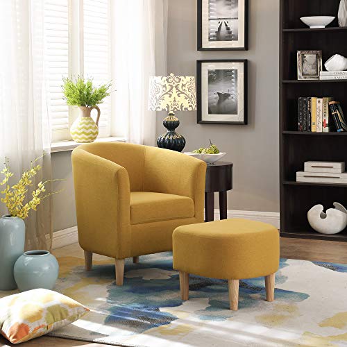DAZONE Modern Accent Chair, Upholstered Arm Chair Linen Fabric Single Sofa Chair with Ottoman Foot Rest Mustard Yellow