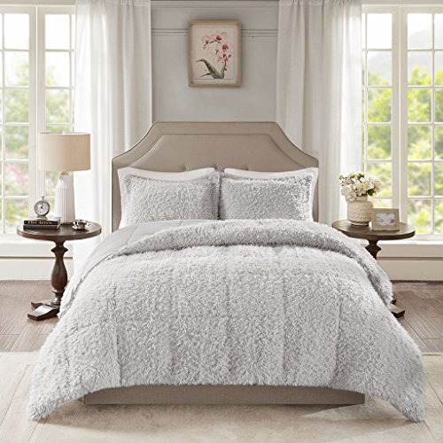Madison Park Nova Luxury Soft Mohair Reverse Faux Mink Comforter Set, Full/Queen, Grey