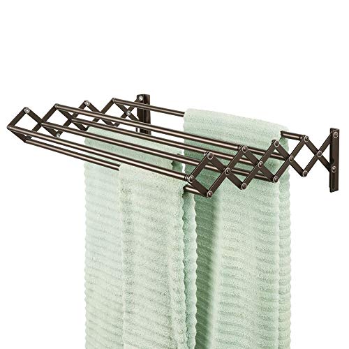mDesign Metal Wall Mount Accordion Expandable Retractable Clothes Air Drying Rack - 8 Bars for Hanging Garments - Great for Laundry Room, Bathroom, Utility Area - Compact Fold Away - Bronze