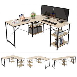 Bestier 95.5"L-shaped Desk with Storage Shelves,Adjustable 2 Person Desk L- shaped Corner Computer desk or Extra Long Desk with Shelves, Multi-Usage LargeTables Desk for Home Office Gaming Study (Oak)