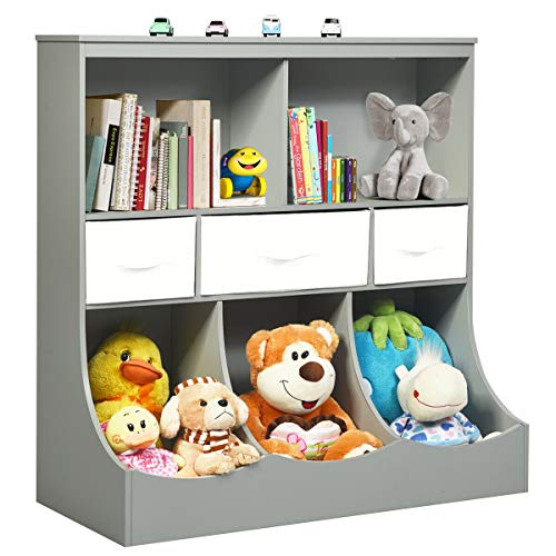 Costzon 3-Tier Kids Bookcase Toddler Storage Organizer Cabinet Shelf w/ 8 Compartment Box and 3 Removable Drawers for Children, Freestanding Storage Unit for Bedroom Decor Room (Gray)