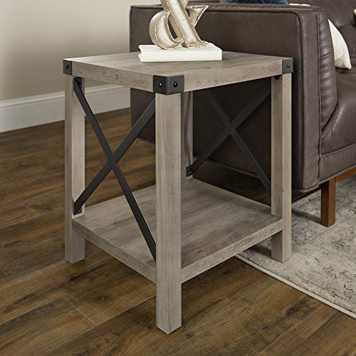 Walker Edison Furniture Company Rustic Modern Farmhouse Metal and Wood Square Side Accent Living Room Small End Table, 18 Inch, Gray Wash