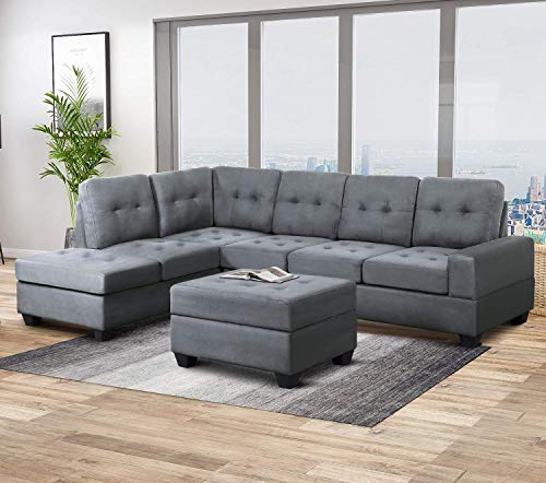 Harper & Bright Designs Sofa Sectional 3-Seat with Reversible Chaise Lounge and Storage Ottoman Sofas Couch for Living Room (Gray)