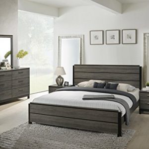 Roundhill Furniture Ioana 187 Antique Grey Finish Wood Bed Room Set, King Size Bed, Dresser, Mirror, 2 Night Stands