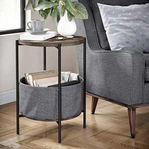 Nathan James 32201 Oraa Round Wood Side Table with Fabric Storage, Nutmeg Brown/Black