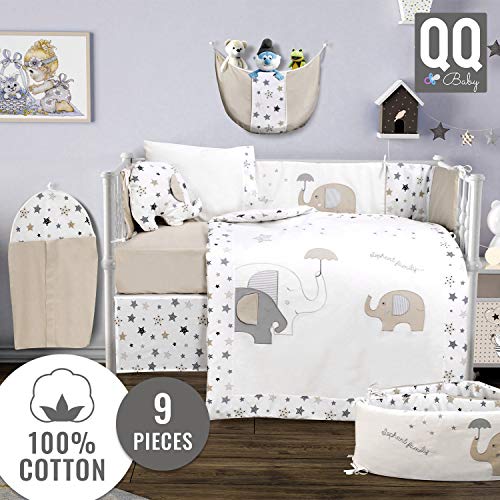 Baby Crib Bedding Set - 100% Turkish Cotton - 9 Piece Nursery Crib Bedding Sets for Boys & Girls - Elephant Design - 4 Color Variations by QQ Baby (Beige & Gray)