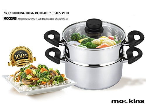 mockins 3 Piece Premium Heavy Duty Stainless Steel Steamer Pot Set Includes 3 Quart Cooking Pot, 2 Quart Steamer Insert and Vented Glass Lid | Stack and Steam Pot Set for All Cooking Surfaces