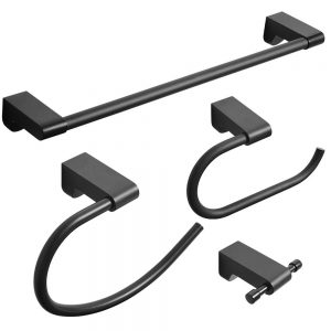 BESy Matte Black Finish 4 Piece Bathroom Accessories Set (Single Towel Bar, Towel Ring, Toilet Paper Holder, Double Towel Hooks), Wall Mounted Bath Hardware Accessory Fixtures Set,Stainless Steel