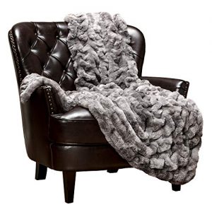 Chanasya Ruched Royal Faux Fur Throw Blanket - Fuzzy Plush Elegant Blanket for Sofa Chair Couch and Bed with Reversible Velvet Blanket (50x65 Inches) Dark Gray