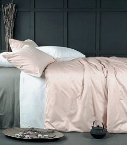Eikei Rose Gold Duvet Cover Luxury Bedding Set High Thread Count Egyptian Cotton Sateen Silky Soft Blush Pale Pink Solid Colored (King, Rose Dust)