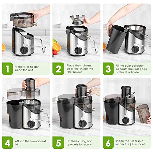 Juicer, Juice Extractor, Aicook Juicer Machine Juicer, Juice Extractor, Aicook Juicer Machine with 3'' Broad Mouth, Three Velocity Centrifugal Juicer for Fruits and Vegs, with Non-Slip Ft, BPA-Free.