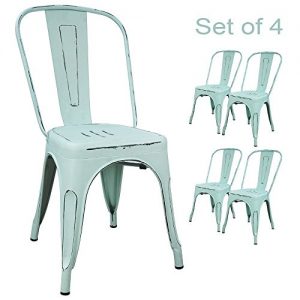 Devoko Metal Indoor-Outdoor Chairs Distressed Style Kitchen Dining Chairs Stackable Side Chairs with Back Set of 4 (Blue)