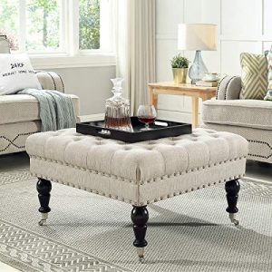 24KF Large Square Upholstered Tufted Button Linen Ottoman Coffee Table, Large Footrest Bench with Caters Rolling Wheels-Ivory