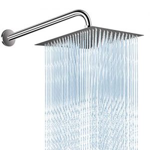 12 Inches High Pressure Shower Head with 15 Inches Extension Arm, Square Rain Showerhead - Easy Tool Free Installation, Large Luxury Stainless Steel Rainfall Shower Head for Bathroom - Chrome