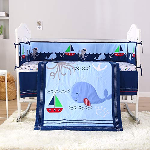 Wowelife Blue Crib Bedding Sets Sea Octopus and Whale Baby Crib Sets 7 Piece(Blue-7 Piece)