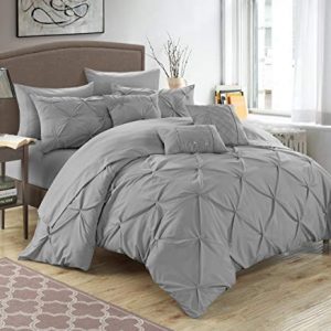 Chic Home 10 Piece Hannah Pinch Pleated, ruffled and pleated complete Queen Bed In a Bag Comforter Set Silver With sheet set