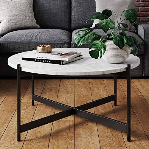 Nathan James Piper Faux Marble Round Modern Living Room Coffee Table with Metal Frame, Black