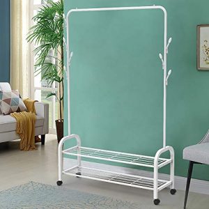 BAIYEA Clothing Rack on Wheels Clothes Rack with Shelves, 2-Shelf Metal Wire Hall Tree Coat Rack Freestanding, Entryway Coat Tree Shoe Rack Storage Bench Organizer, 3 in 1 Design Easy Assembly (White)