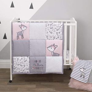 Little Love By Nojo Sweet Deer, Grey, Pink, White 3Piece Nursery Mini Crib Bedding Set With Comforter, 2 Fitted Mini Crib Sheets, Pink, Grey, White, Charcoal