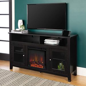 Walker Edison Furniture Company Rustic Wood and Glass Tall Fireplace Stand for TV's up to 64" Flat Screen Living Room Storage Cabinet Doors and Shelves Entertainment Center, 32 Inches, Black