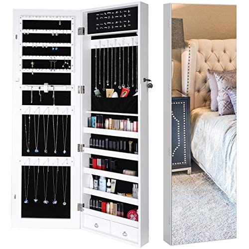 Homfa Lockable Jewelry Cabinet, Full Screen Display View Mirror, Door Mounted Jewelry Organizer Large Capacity Dressing Makeup Jewelry Armoire with 2 Drawers & 5 Shelves (White)