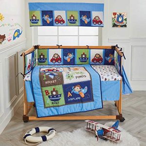 Wowelife Baby Crib Bedding Set 9 Piece Blue Travel Car and Airplane Crib Sets for Boys and Girls with Bumpers and Diaper Stacker(Little Pilot-9 Piece)