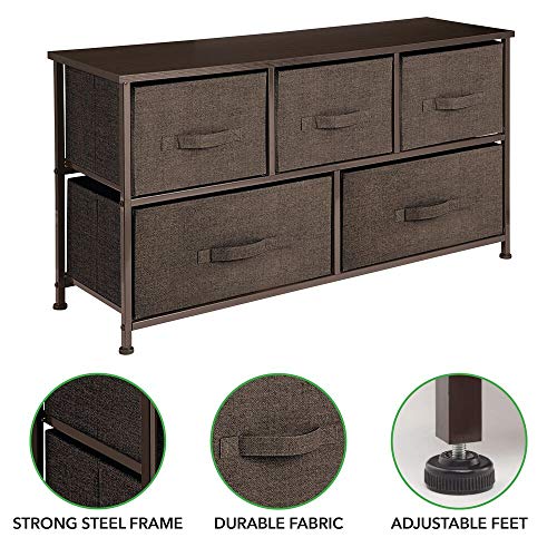 mDesign Extra Wide Dresser Storage Tower mDesign Extra Wide Dresser Storage Tower - Sturdy Steel Frame, Wood Top, Easy Pull Fabric Bins - Organizer Unit for Bedroom, Hallway, Entryway, Closets - Textured Print - 5 Drawers - Espresso Brown.