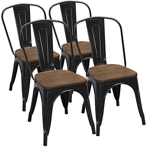 Yaheetech 18 Inch Classic Iron Metal Dinning Chair with Wood Top/Seat Indoor-Outdoor Use Chic Dining Bistro Cafe Side Barstool Bar Chair Coffee Chair Set of 4 Black