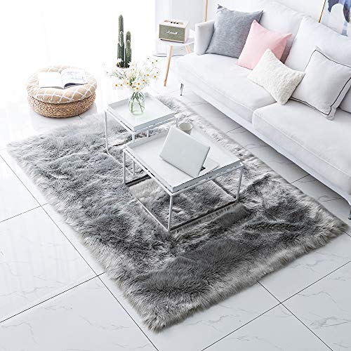 Carvapet Shaggy Soft Faux Sheepskin Fur Area Rugs Floor Carvapet Shaggy Mushy Fake Sheepskin Fur Space Rugs Flooring Mat Luxurious Bedside Carpet for Bed room Dwelling Room, 8ft x 10ft,Gray.