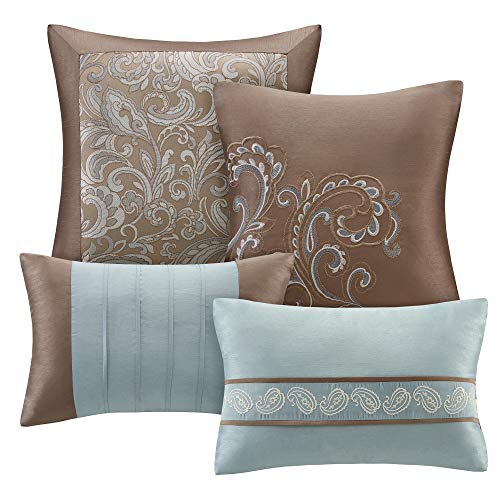 Madison Park Essentials Brystol 24 Piece Room in a Bag Madison Park Necessities Brystol 24 Piece Room in a Bag Fake Silk Comforter Jacquard Paisley Design Matching Curtains - Down Various Hypoallergenic All Season Bedding-Set, Queen, Blue.