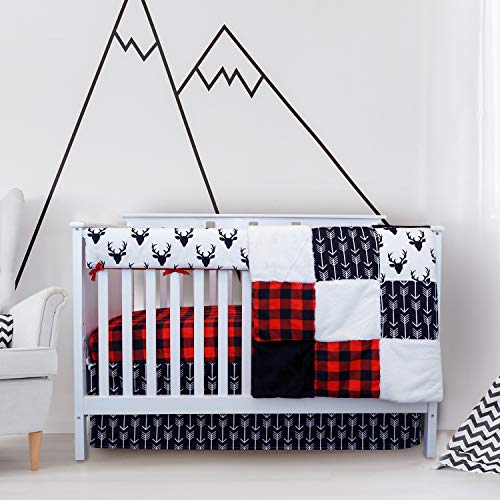 Crib Bedding Sets for Boys - 4 Piece Woodland Set for Baby boy Rustic Nursery Decor | Quilt Blanket, Crib Sheet, Skirt and Rail Cover | Deer Antler, Arrow Buffalo Plaid (Woodland Deer)
