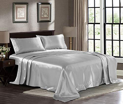 Satin Sheets Queen [4-Piece, Grey] Hotel Luxury Silky Bed Sheets - Extra Soft 1800 Microfiber Sheet Set, Wrinkle, Fade, Stain Resistant - Deep Pocket Fitted Sheet, Flat Sheet, Pillow Cases