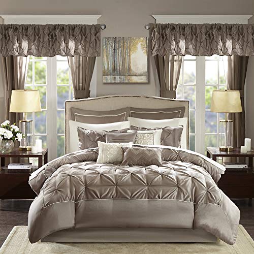 Madison Park Essentials Joella 24 Piece Room in a Bag Comforter Luxurious Diamond Tufting Matching Curtains Luxe Soft Down Alternative Hypoallergenic All Season Bedding-Set, Queen, Taupe