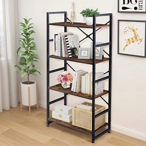 Haton 4-Tier Bookshelf, Simple Industrial Bookcase Standing Shelf Unit Storage Organizer with Wood Look Accent and Iron Frame for Home, Office, Study - Rustic Brown