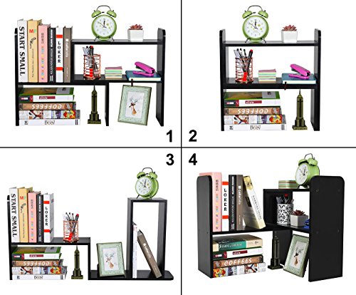 PAG Desktop Bookshelf Adjustable Countertop Bookcase Office PAG Desktop Bookshelf Adjustable Countertop Bookcase Workplace Provides Wooden Desk Organizer Equipment Show Rack, Black.