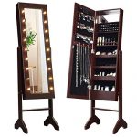 Giantex Standing Jewelry Armoire with 18 LED Lights Around The Door, Large Storage Mirrored Jewelry Cabinet with Full Length Mirror, 16 Lipstick Holder, 1 Inside Makeup Mirror (Brown)