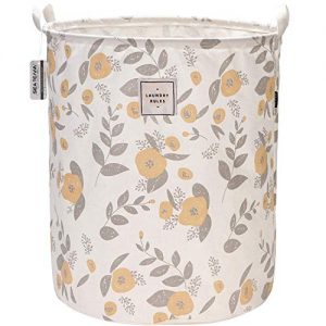Sea Team 19.7" x 15.7" Large Sized Folding Cylindric Canvas Fabric Laundry Hamper Storage Basket with Floral Pattern, Yellow & Grey