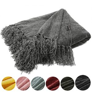 EverGrace Fluffy Cozy Chenille Throw Blanket with Decorative Fringe 60 x 50 Luxury Tassel Throw Blanket for Couch Sofa Chair Bed Office Home Décor Grey