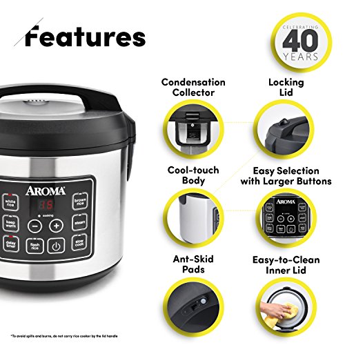 Aroma Housewares 20 Cup Cooked (10 cup raw) Digital Rice Cooker Aroma Housewares 20 Cup Cooked (10 cup raw) Digital Rice Cooker, Sluggish Cooker, Meals Steamer, SS Exterior (ARC-150SB), Black.
