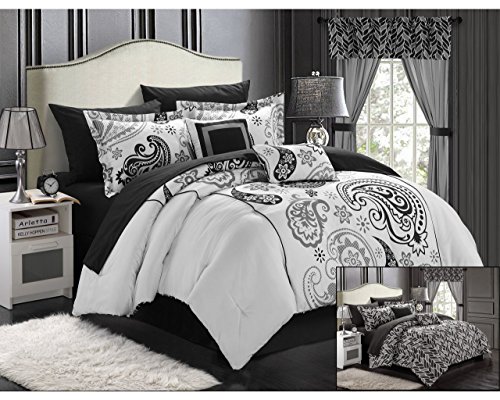 Chic Home Olivia 20-Piece Comforter Set Reversible Paisley Print Complete Bed in a Bag with Sheet Set, Window Treatments, and Decorative Pillows, Queen Black/Grey