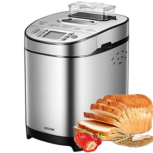 [2020 Upgraded] Stainless Steel Bread Machine AICOOK, 2LB Programmable Bread Maker with Fruit Nut Dispenser, Nonstick Ceramic Pan, 3 Crust Colors & 2 Crust Colors, 13-in-1, Gluten-Free Setting, Reserve& Keep Warm Set